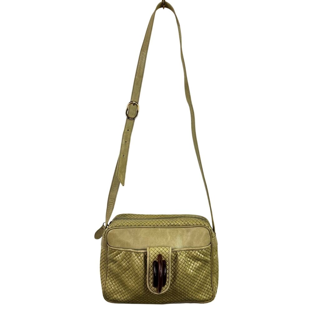 VTG Susan Gail Handbag Beige Green Woven Leather Crossbody Strap Shoulder Bag